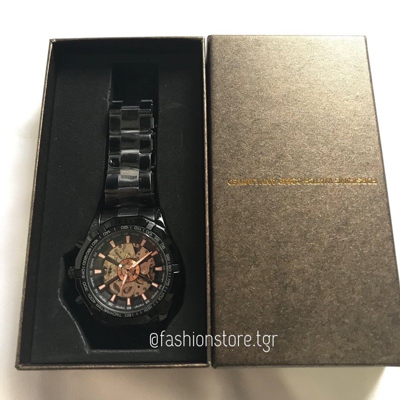 Jam tangan pria tali rantai hitam kotak gold