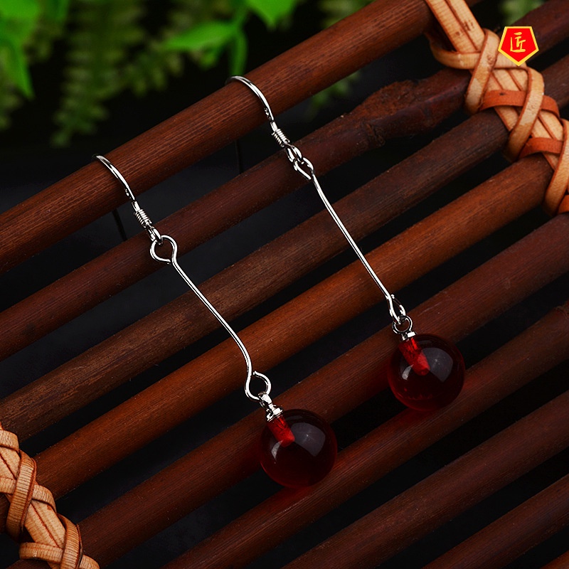 [Ready Stock]Ethnic Simple Fashion Red Agate Earrings Retro Temperament