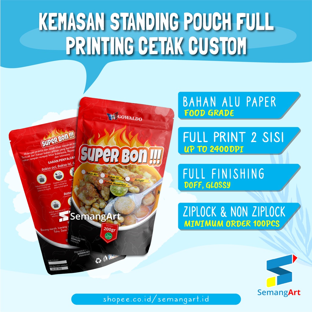 Cetak Kemasan Standing Pouch Non Zipper Ziplock desain Custom