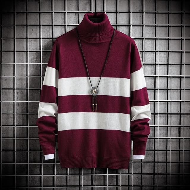 Sweater Rajut Pria Kerah Tinggi | Sweater Rajut Turtleneck Garis - Garis | Switer Rajut | Sweater Rajut | Knitwear | Outerwear