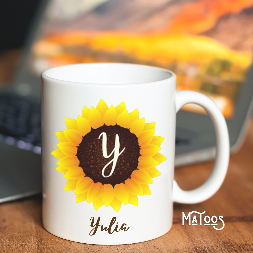 Mug Custom Nama Inisial Bunga Matahari