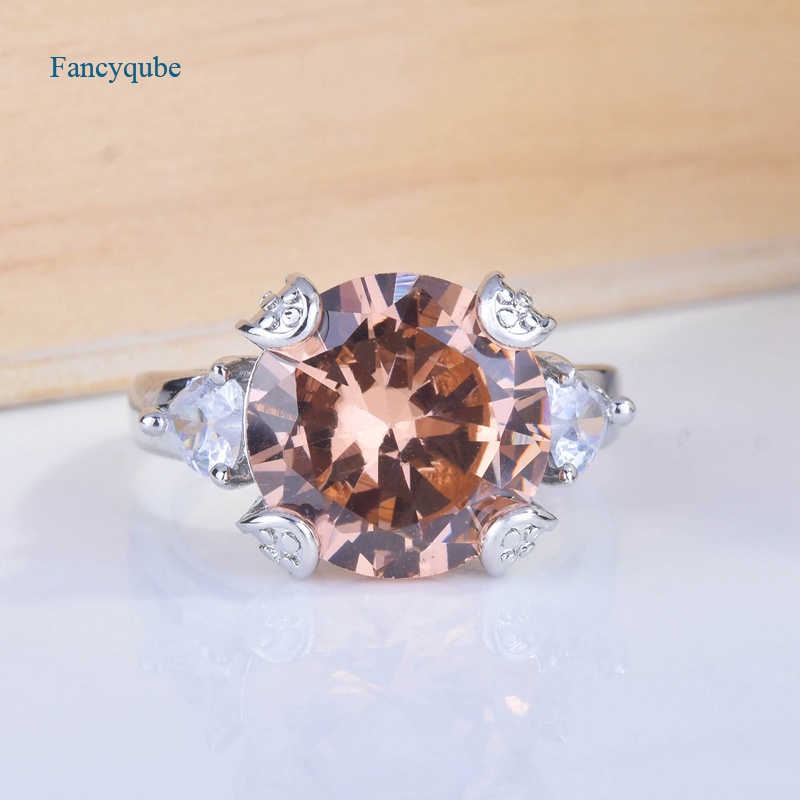 Fancyqube Cincin 925 Silver Bentuk Bulat Aksen Zircon Champagne Untuk Wanita