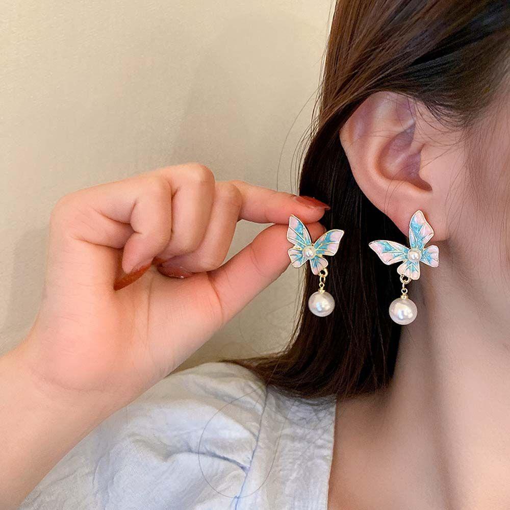 Needway   Anting Kupu-Kupu Temperamen Trendi Mutiara Tetes Minyak Busur Gadis Anting Gaya Korea