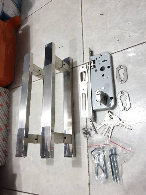 Paket handle pintu stainless baut tembus 33cm 2 set + kunci pelor