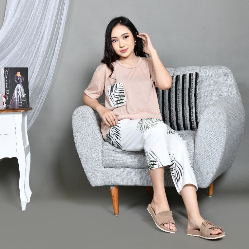 Baju Tidur Piyama Wanita/Cewek Dewasa CP Oblong Celana Panjang Kombinasi Kekinian-CP OBLONG BC.W OLIVE