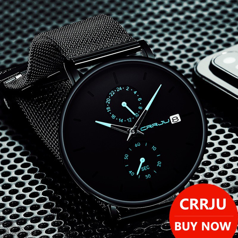 Jam Tangan Pria CRRJU Casual Quartz Analog Mewah Anti Air + Strap Mesh Stainless Steel Jam Tangan Cowok