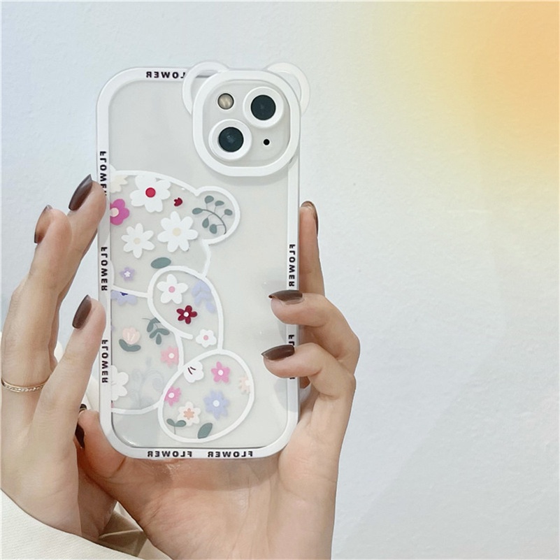 Soft Case Silikon TPU Transparan Motif Bunga Beruang Untuk case hp Compatible for iPhone 14 13 12 11 Pro Max X Xr Xs Max SE 2020 8 7 6 6s Plus Clear Floral Bear Phone Case Silicone Soft TPU handphone murah casing cover Lens Protector Shockproof Back Cover