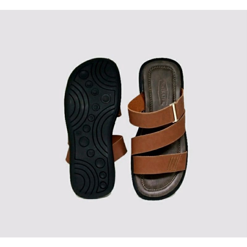 Sandal Slide Big Size 44-47 / Sendal Slop Pria Bapak Bapak OPA JUMBO / Sandal Semi Formal KULIT Size Besar Brown, 47