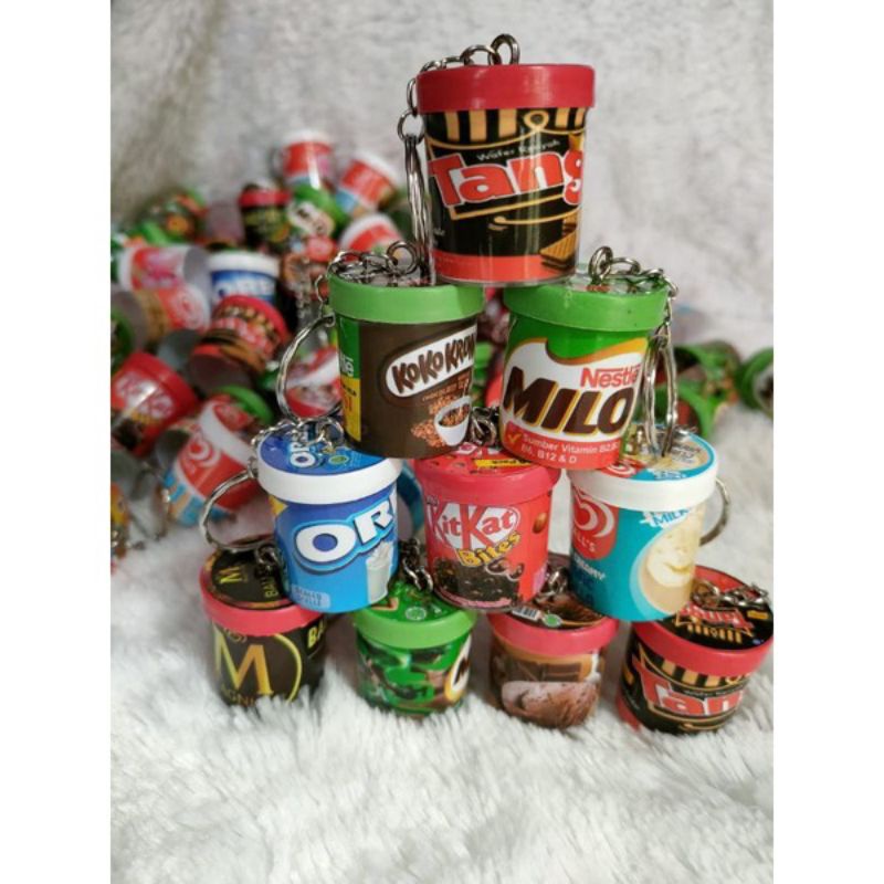 Gantungan Kunci Miniatur Ice Cream Cup, BOBA, Eskrim, makanan kaleng, Susu dll