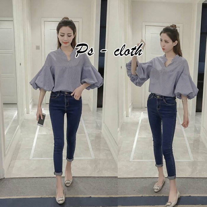 Blouse vneck / blouse salur vneck lengan balon/ atasan vneck balon