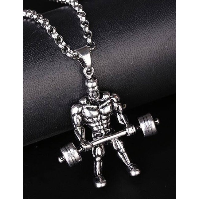 LRC Kalung Fashion Silver Metal Weightlifter Long Necklace A57450