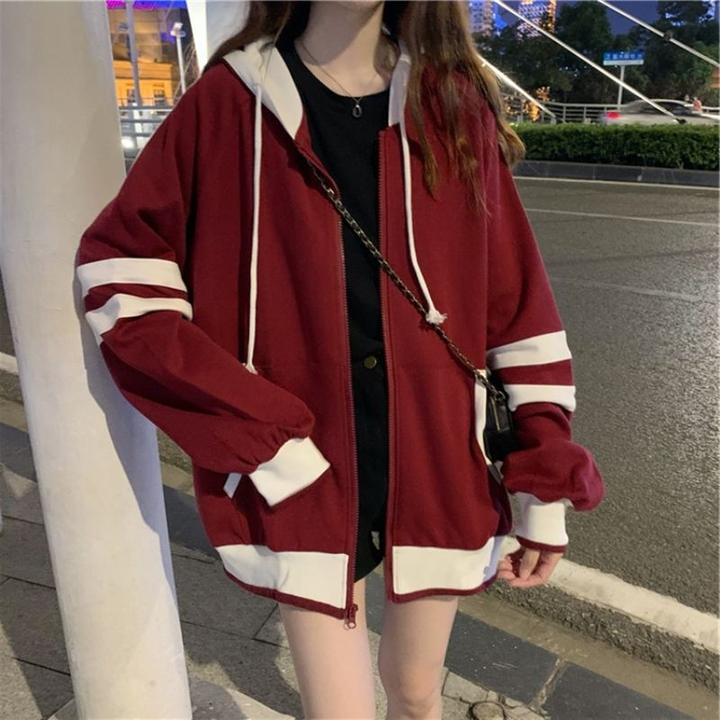 Sweater wanita musim gugur/musim dingin gaya Korea mantel ritsleting berkerudung longgar