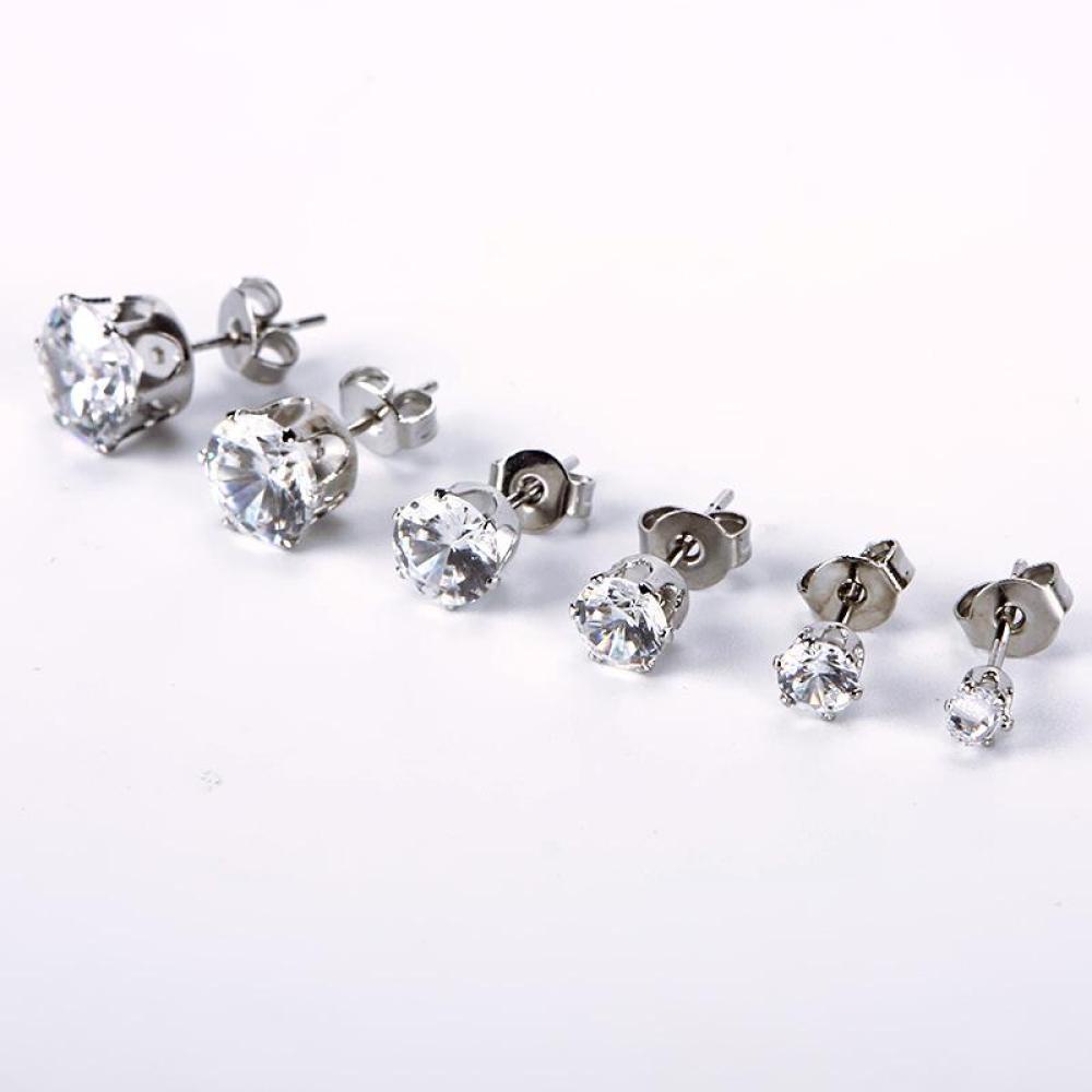 Timekey 6 Pasang / Set Anting Tusuk Stainless Steel Hias Kristal Zircon Bulat Untuk Pria / Wanita A4K5