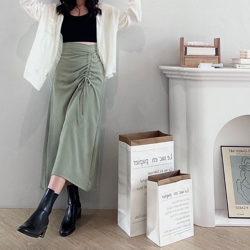 Rok Serut Casual Flowy - Midi Maxi Ruched Skirt - Rok Wanita Korean Look-2