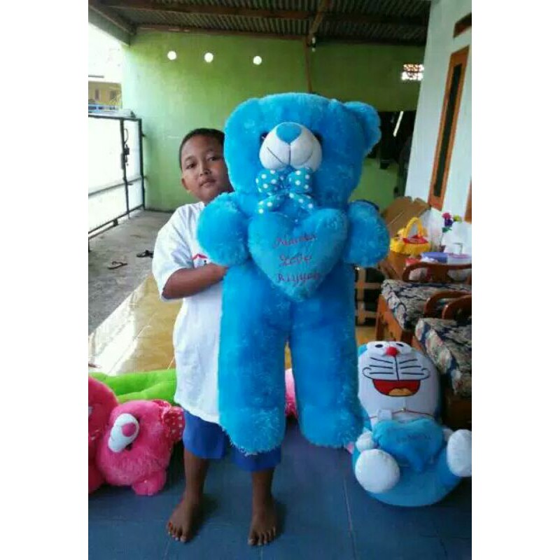 BONEKA TEDDY BEAR JUMBO LOVE UKIR NAMA WARNA BIRU MUDA