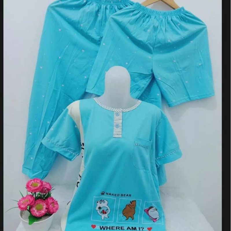 ready stok setelan baju tidur Patricia 3in1 baju 1 celana dapat 2 pcs/setelan baju tidur 3in1 Patric