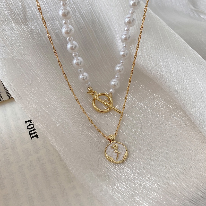 Kalung Choker Rantai Ganda Hias Liontin Mutiara Warna Rose Gold Untuk Wanita