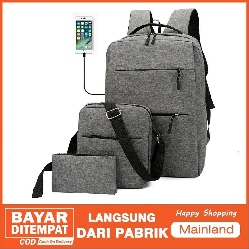 Mainland Buy 1 Get 2 Tas Ransel Set Anti Air USB Charger Waterproof Backpack Ready Stock TR801