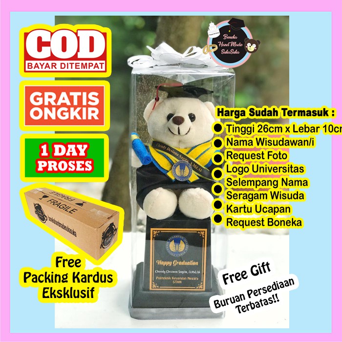 PIALA TROPHY PILBON BONEKA WISUDA BERUANG KREM 26CM | HADIAH HAMPERS WISUDA MURAH | SD | SMP | SMA