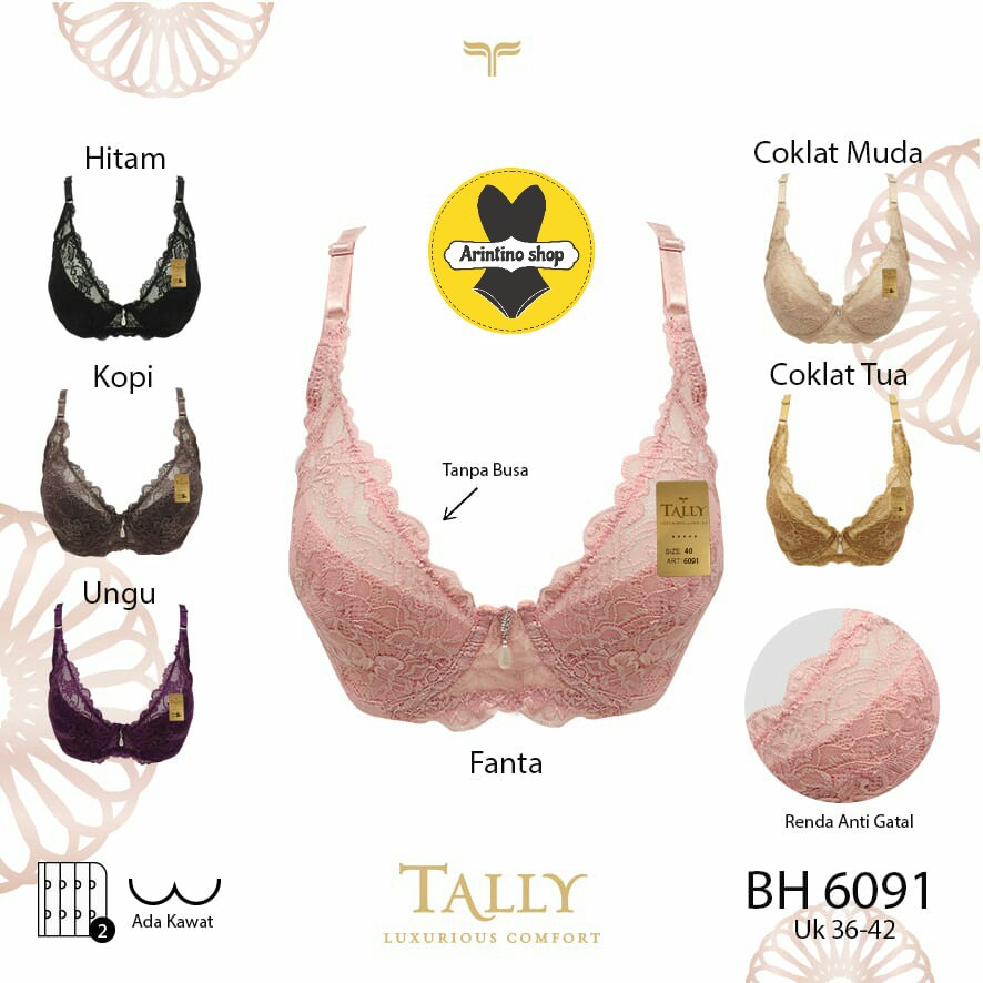 Bh Bra Tally 6091 {CUP B} {36-42} Renda Brukat | Bra Tanpa Busa Pakai Kawat |