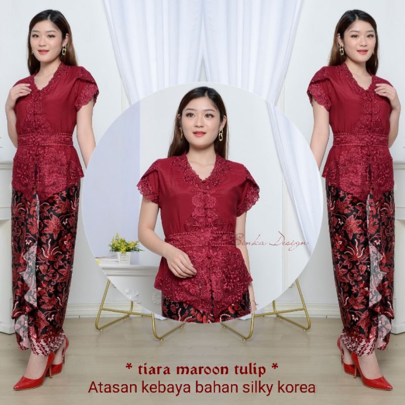 Promo Kebaya Lengan Pendek Tulip Silky  Kombinasi Brukat Bordir Motif Batik