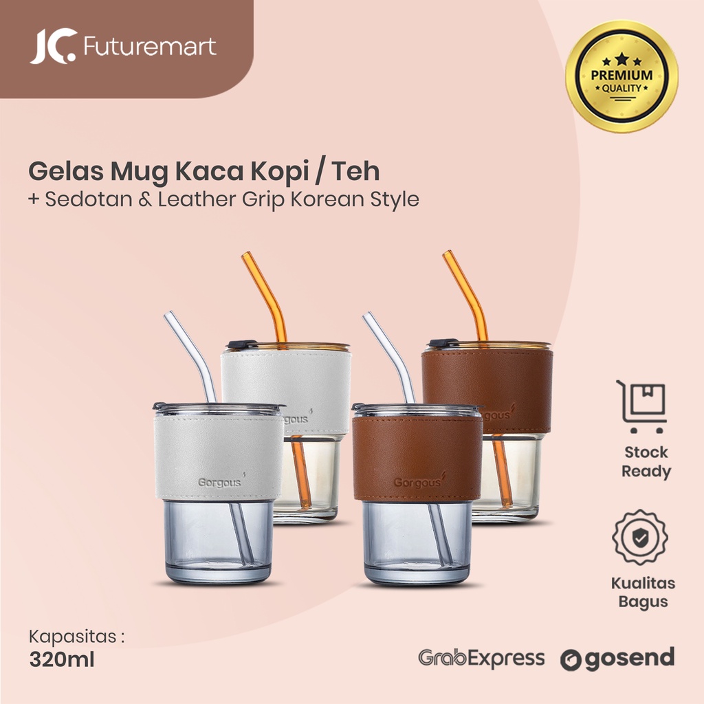 GELAS MUG KACA KOPI TEH SEDOTAN 320ML TUMBLER LEATHER KOREAN STYLE