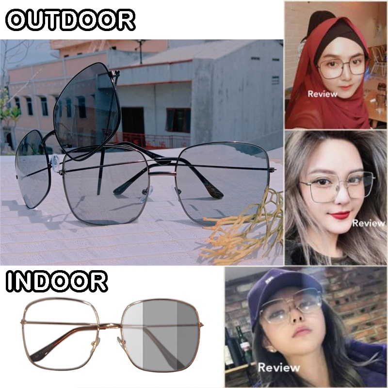 [STYLE] Kacamata Photocromic Frame Metal Frame Kotak Besar Wanita Pria Kacamata berubah Warna 2in1 Photochromic / Fotocromic / potokoromik Blueray Fashion Korean Frame Optik Vintage Resep Minus Unisex Kacamata Hitam Transparan