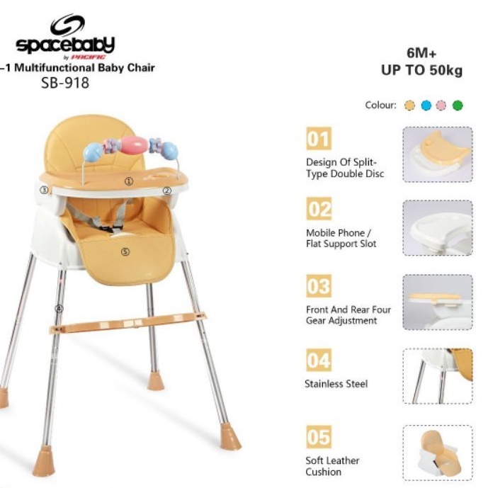 SpaceBaby SB 918 Baby Chair Baby Booster Seat 4 IN 1 High Chair Kursi Makan Anak Bayi