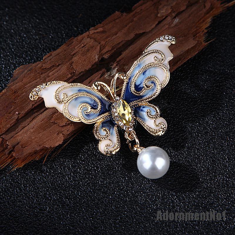 (Adornmentno1) Bros / Pin Butterfly Enamel Hias Mutiara + Berlian Imitasi Untuk Wanita