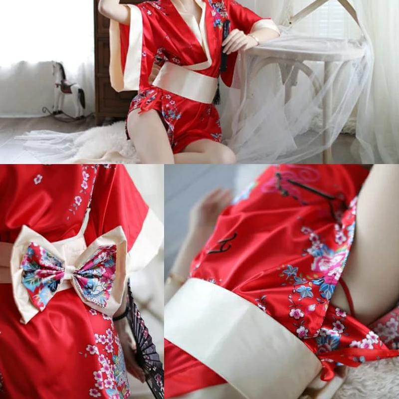 Victoria Kimono Jepang Cosplay Lingerie Bahan Satin Motif Bunga 3080