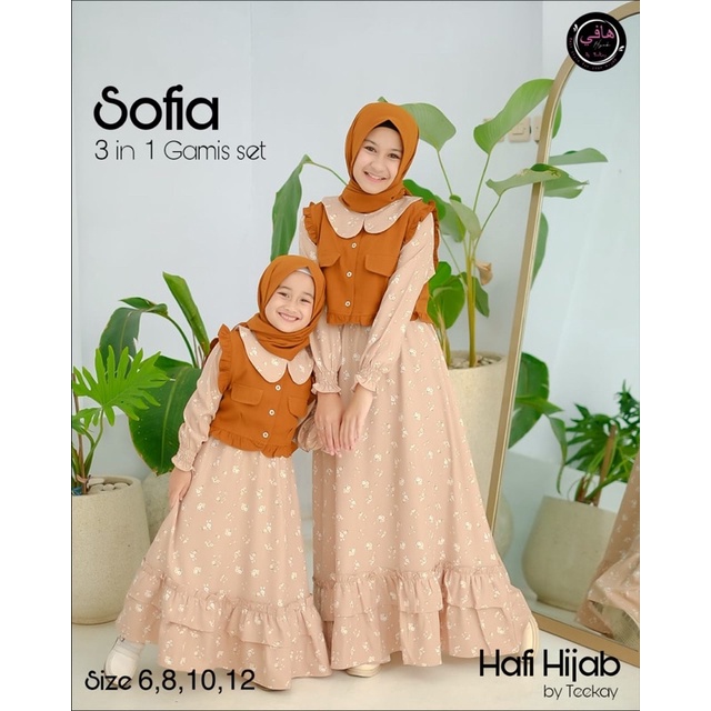 Gamis Set Sofia Anak Perempuan - Dress Jilbab 3 in 1 Cewek Lucu Nyaman - Dres Panjang Hijab Khimar Usia 6 8 10 12 Tahun