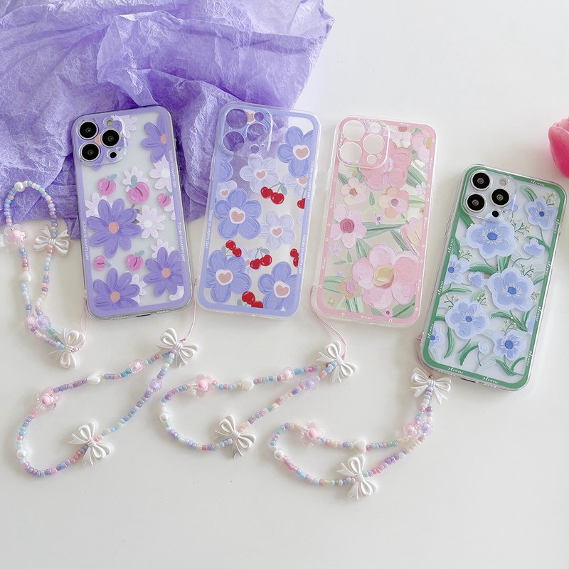 Fashion Beautiful Flowers Bracelet Soft Case OPPO A1K C2 A54 A74 A94 F5 Youth F9 Pro A55 4G 5G Lanyard Clear Casing