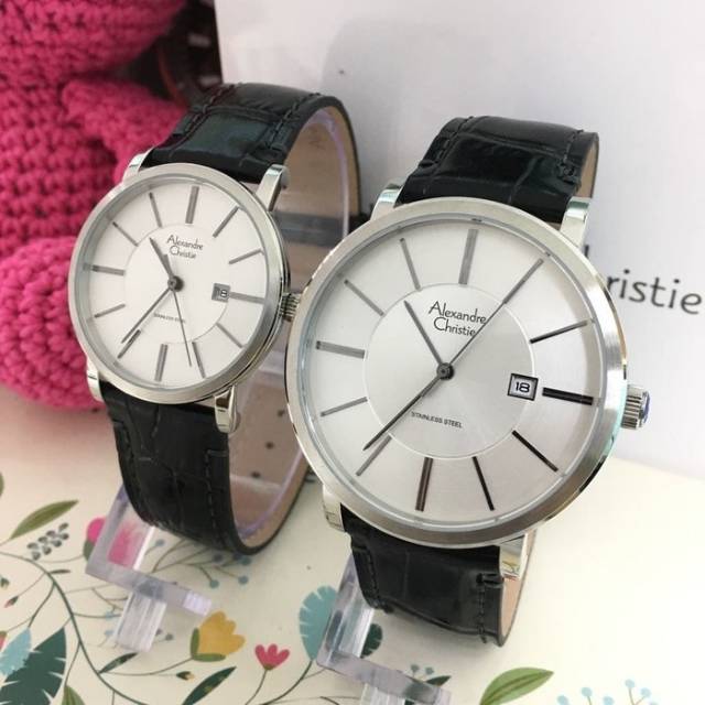 Jam Tangan Pasangan Alexandre Christie AC 8344 Leather Black Dial White Original