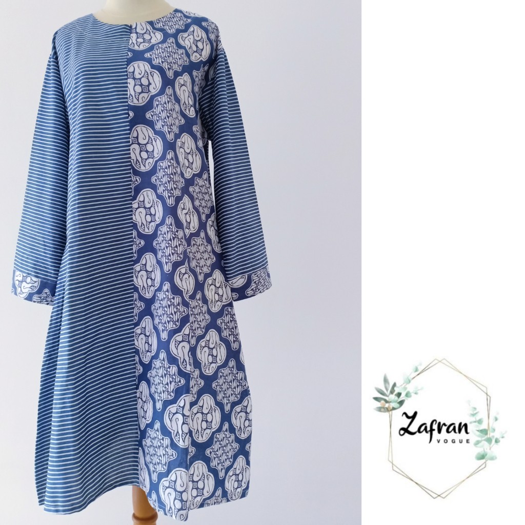 Tunik Batik Indigo Kombinasi Parang Kombi Garis Samping Biru