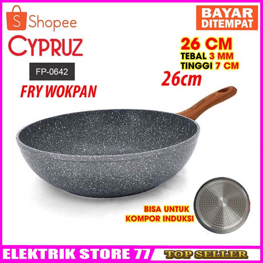 Wajan Anti Lengket Cypruz FP 0642 Fry Wok Wajan Grey Marble Induksi 26cm