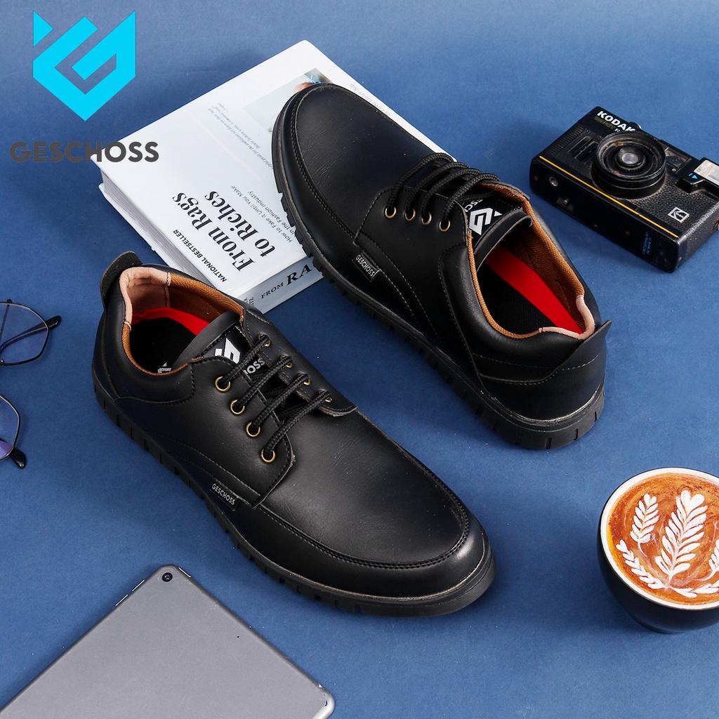 BLACK ORIGINAL GESCHOSS Sepatu Semi Formal Full Hitam Tali Pria Pantofel Kerja Kantor Dinas Resmi Guru Kantoran Keren Murah Terbaru