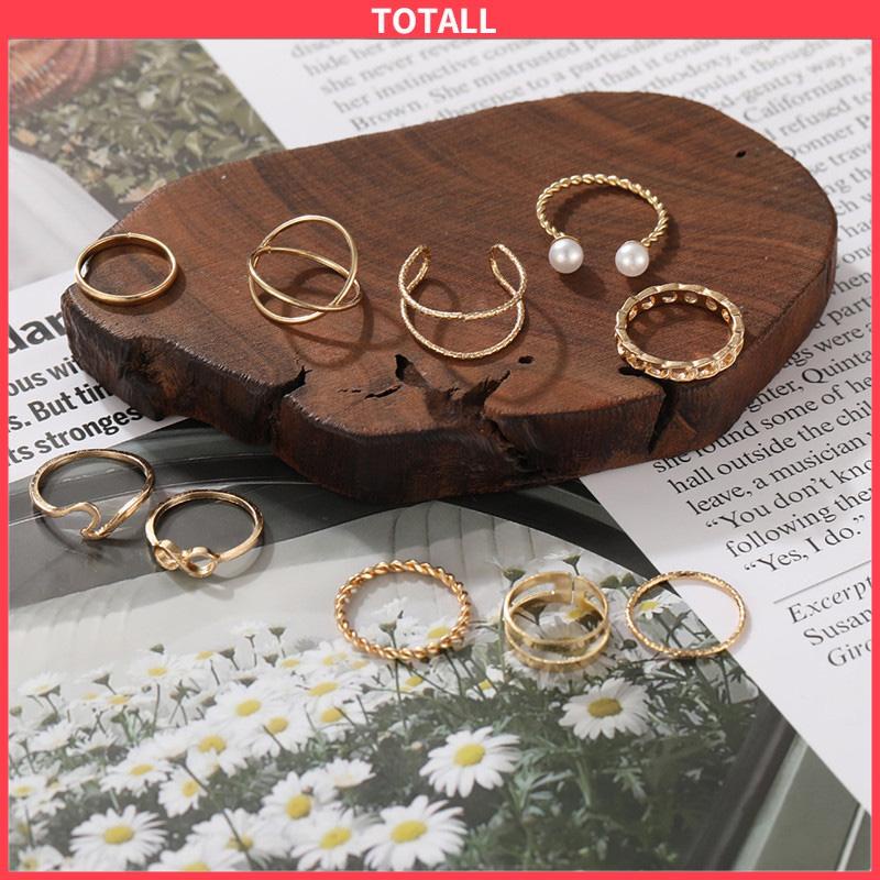 COD 10 Buah Set Wanita Kreatif Sederhana Manik-manik Ganda Cincin Gabungan Geometri Gelombang Mutiara-Totall