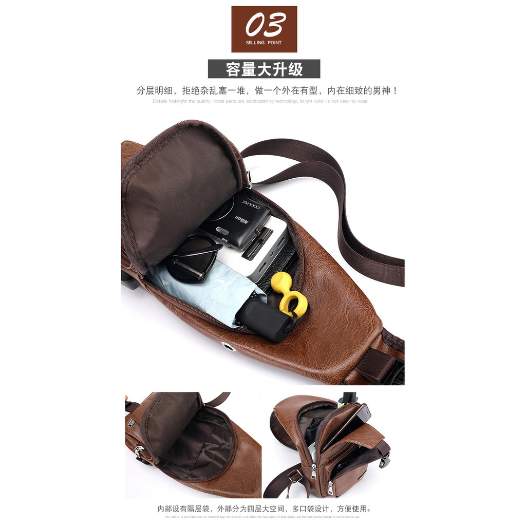 Tas Selempang Charging USB Sport Kulit Pria Shoulder Bag Men's Casual Import