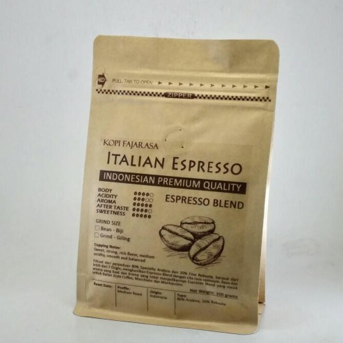 

Kopi fajarasa Italian Espresso biji kopi Espresso Blend 200 gram