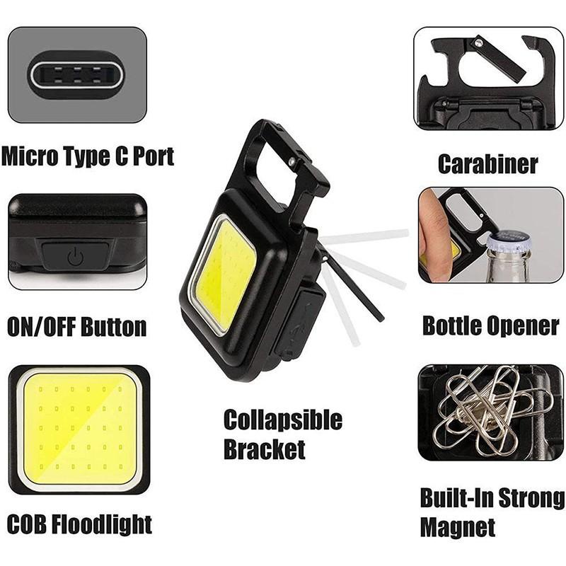 ( COD )Mini Cob Keychain Lampu Senter Led Portable Light Usb Rechargeable Emergency Dengan Gantungan Kunci camping kemah SAKU PEMBUKA BOTOL MAGNET SUPER TERANG