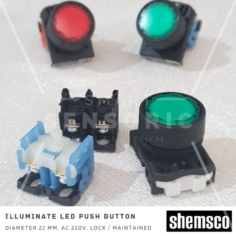 22mm Illuminate LED 220v Push Button Spring Shemsco SC-AR22-REOL Tombol Switch model Fuji Electric