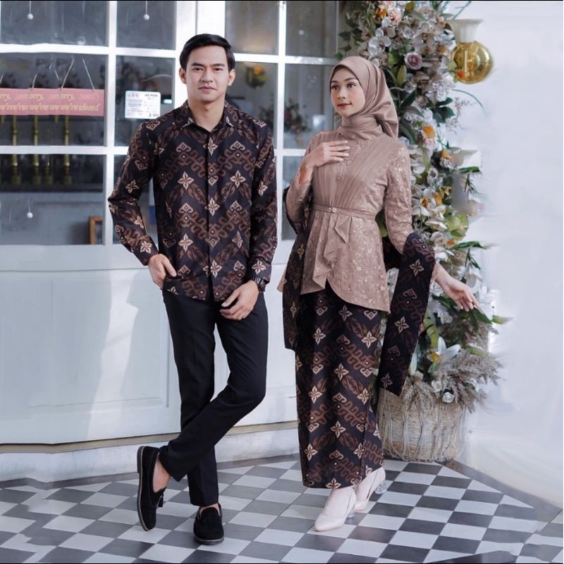 BATIK OFFICIAL- Kebaya Couple Brokat Modern Aveena Kebaya Wisuda dan Kondangan Kebaya Couple Batik Prima Lengan Panjang Set Wanita Modern