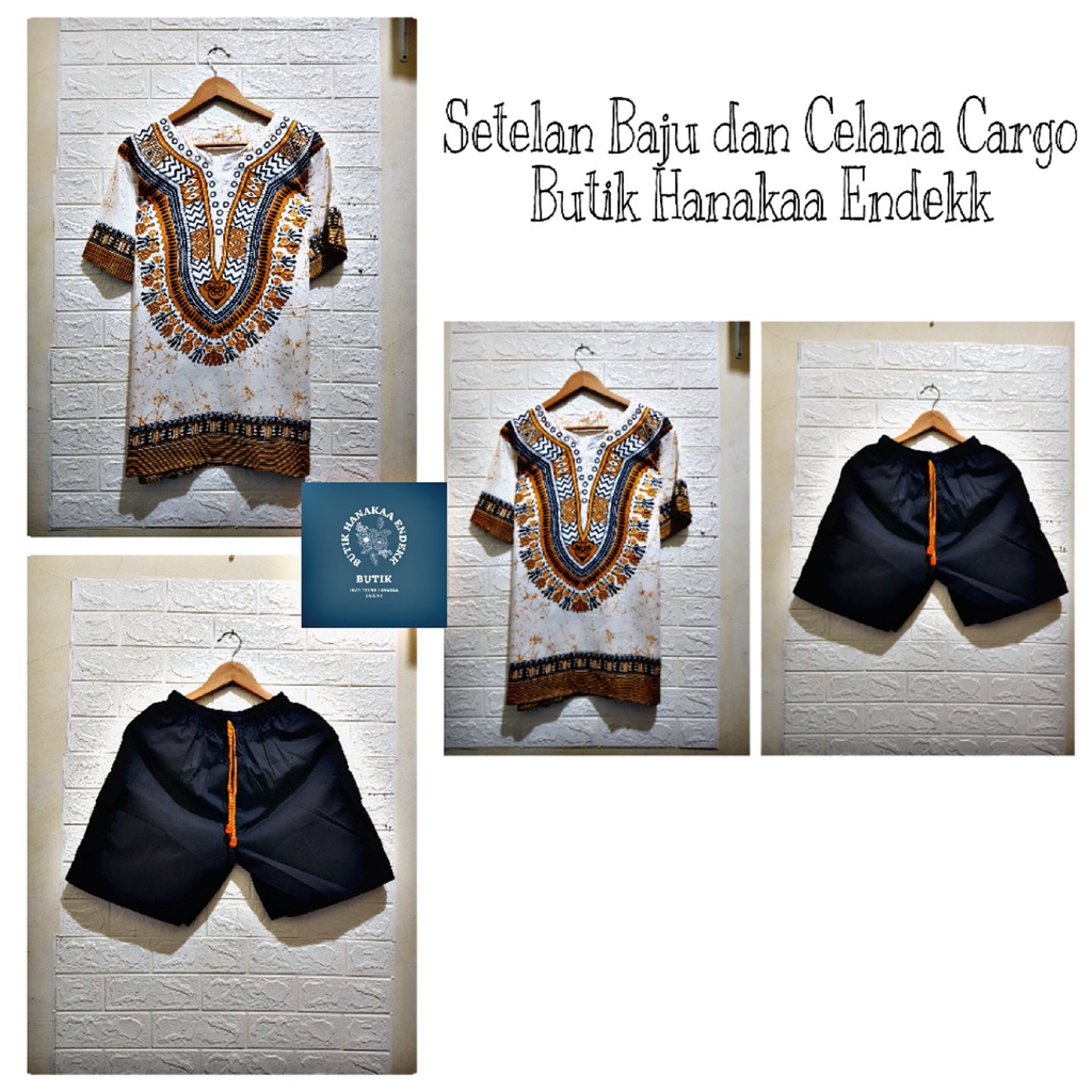 Set/Setelan Baju dan Celana Cargo Etnik Putih Warna Pria/Wanita (Unisex)