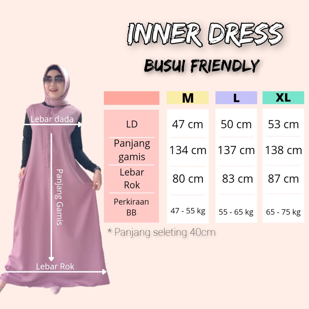 Inner Dress Sleeveless Tanpa Lengan Dres Busui Yukensi Polos Bahan Moscrepe Tidak Nerawang