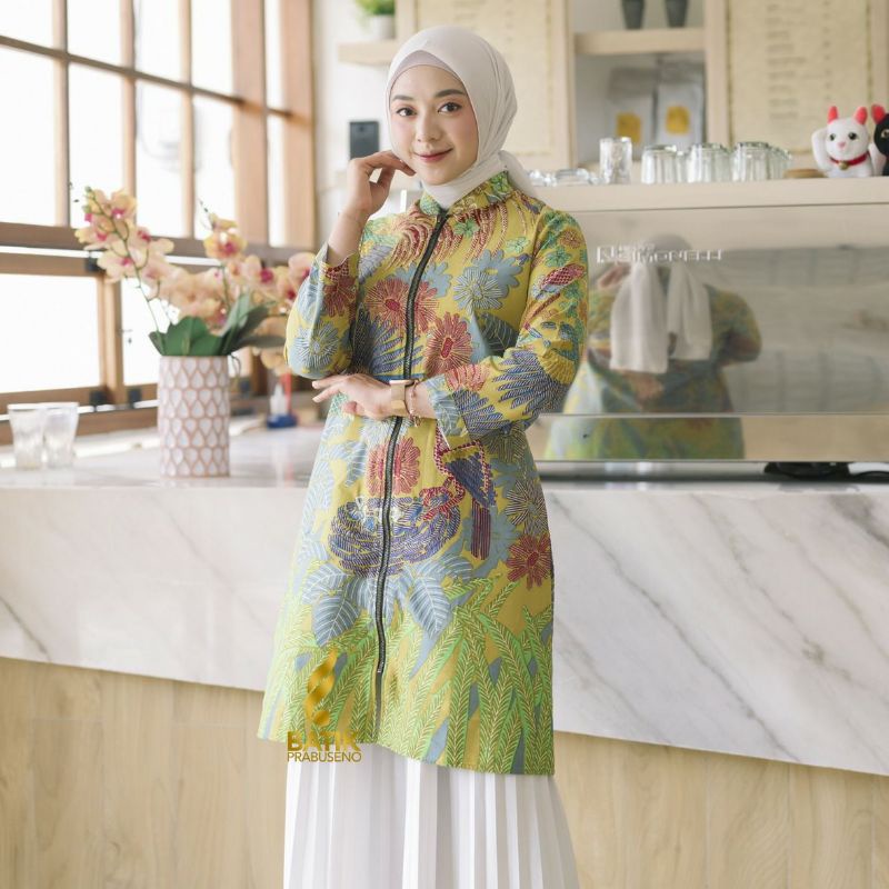 TUNIK MOTIF TIKA Batik Wanita Prabuseno Original Outfit Ngantor Cantik Elegan Modis Trendy Kekinian 