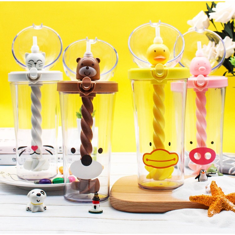 BOTOL MINUM SEDOTAN ADUK KARAKTER KARTUN ANIMAL STIR TUMBLER CUP 500ML
