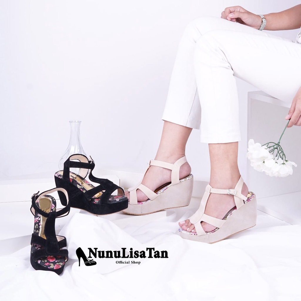 NunuLisaTan Wedges Wanita Pesta Santai Tali T-Strap TATAK BUNGA 7CM