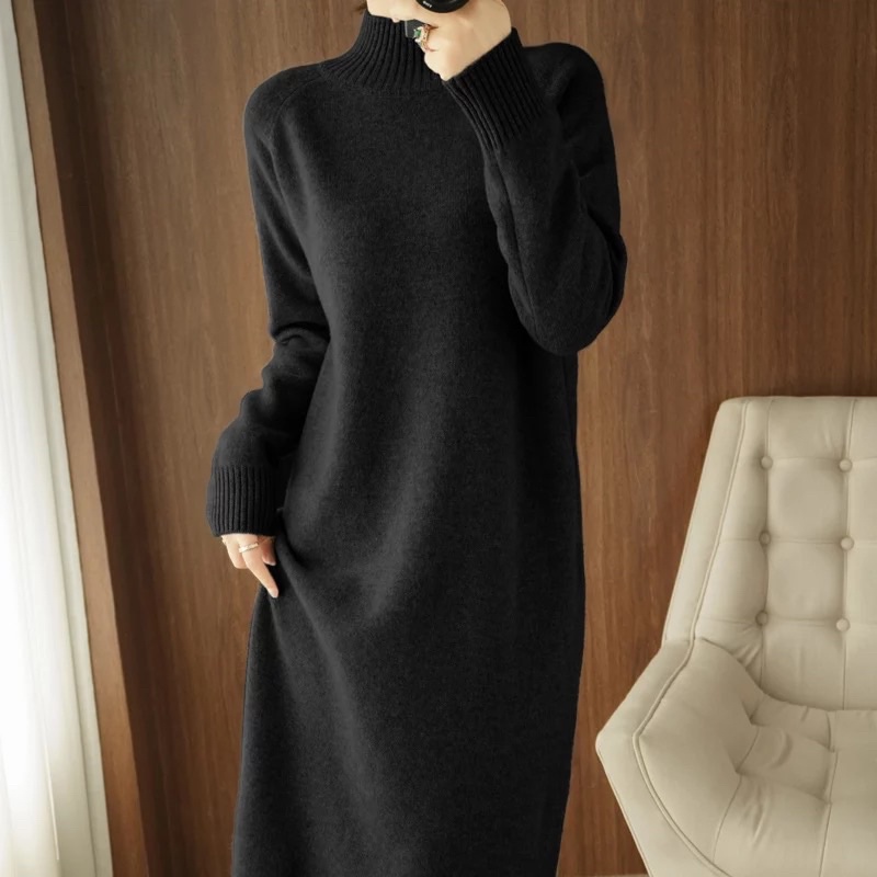 Knit Sweater Dress Turtleneck Gaun Rajut