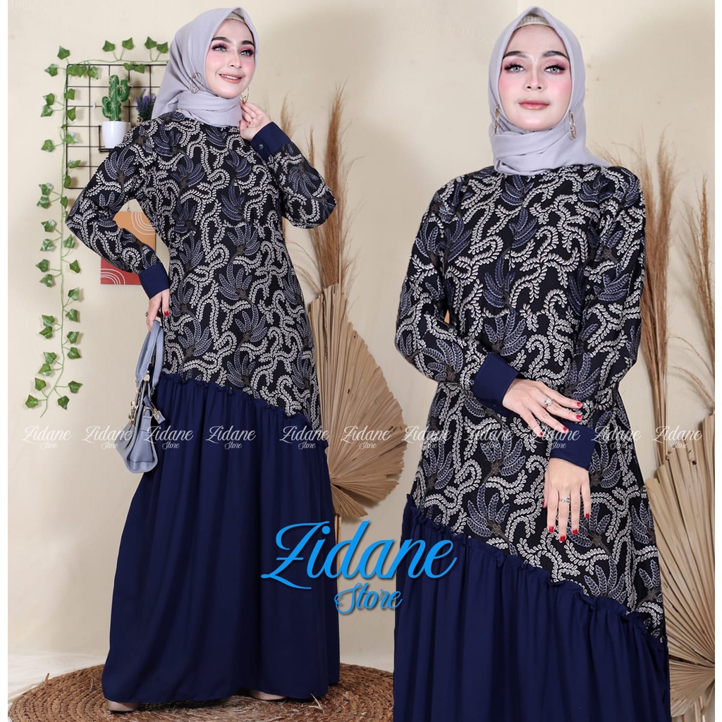 Gamis Dress Muslimah Batik Pekalongan Lengan Panjang Navy Biru