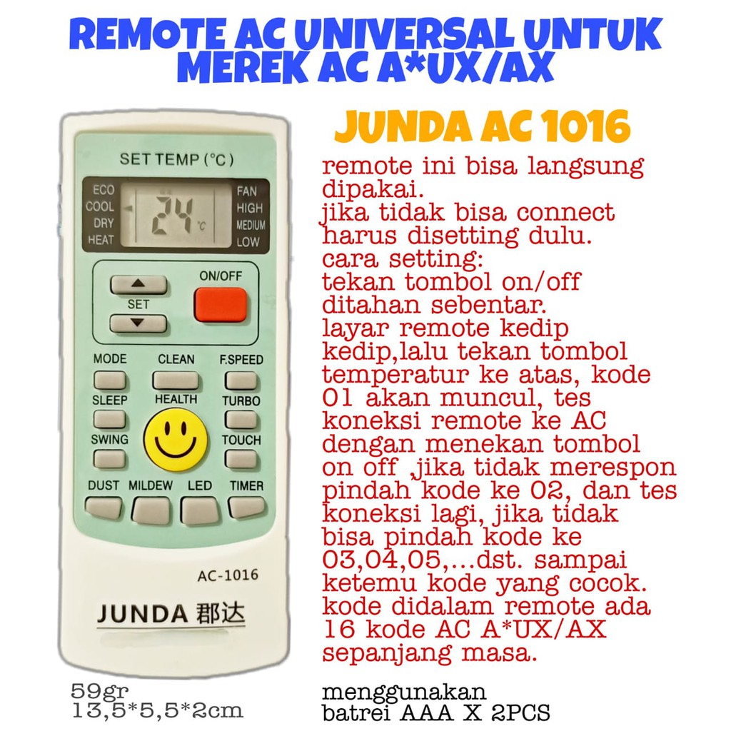 REMOT/REMOTE UNIVERSAL JUNDA AC-1016 BISA UNTUK AC MERK A*UX / AUXX SEPERTI ORIGINAL